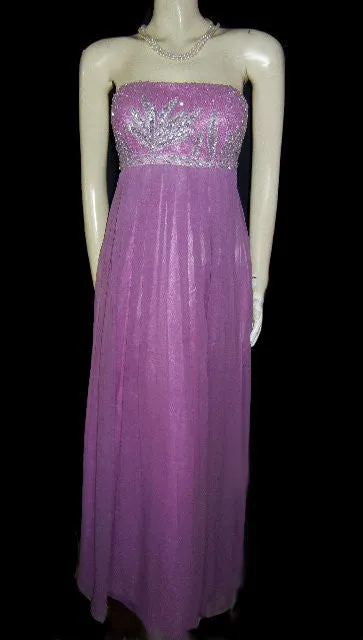 *GORGEOUS CAMILLE LA VIE SILVER SEQUINS & METALLIC THREAD BEADED EMPIRE-STYLE EVENING GOWN IN JUNGLE ORCHID