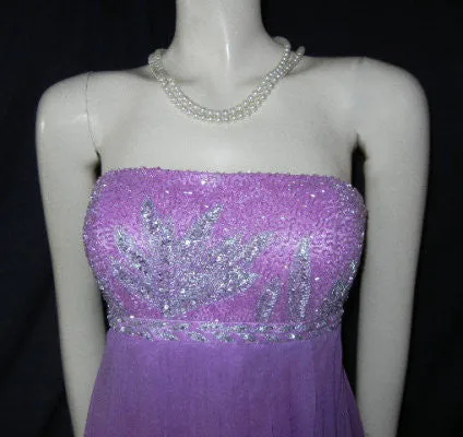 GORGEOUS CAMILLE LA VIE SILVER SEQUINS & METALLIC THREAD BEADED EMPIRE-STYLE EVENING GOWN IN JUNGLE ORCHID