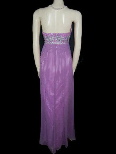 GORGEOUS CAMILLE LA VIE SILVER SEQUINS & METALLIC THREAD BEADED EMPIRE-STYLE EVENING GOWN IN JUNGLE ORCHID