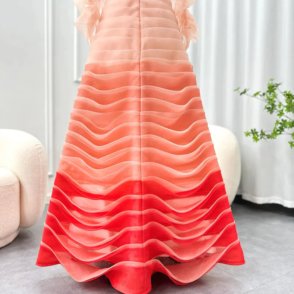 Gradual Pink Off Shoulder Long Sleeves Evening Dress SF061