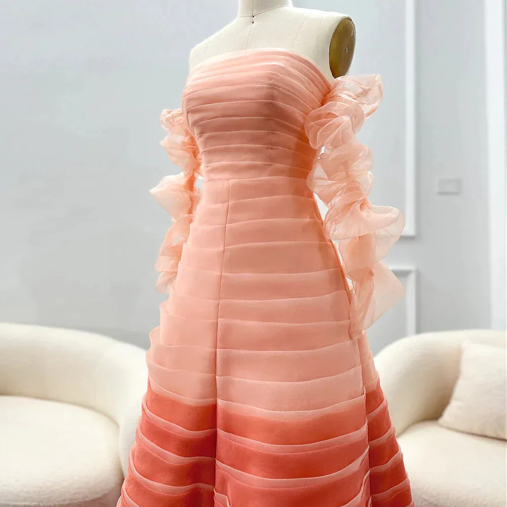 Gradual Pink Off Shoulder Long Sleeves Evening Dress SF061