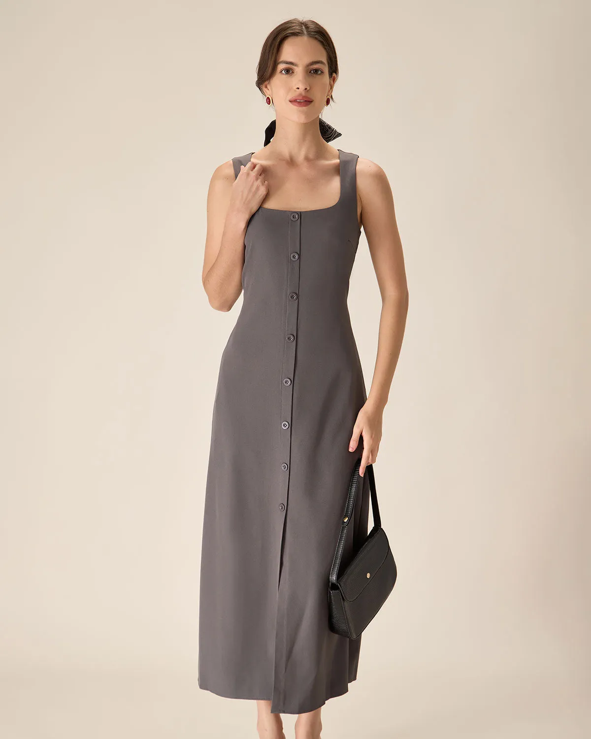 Grey U Neck Tie Back Sleeveless Maxi Dress