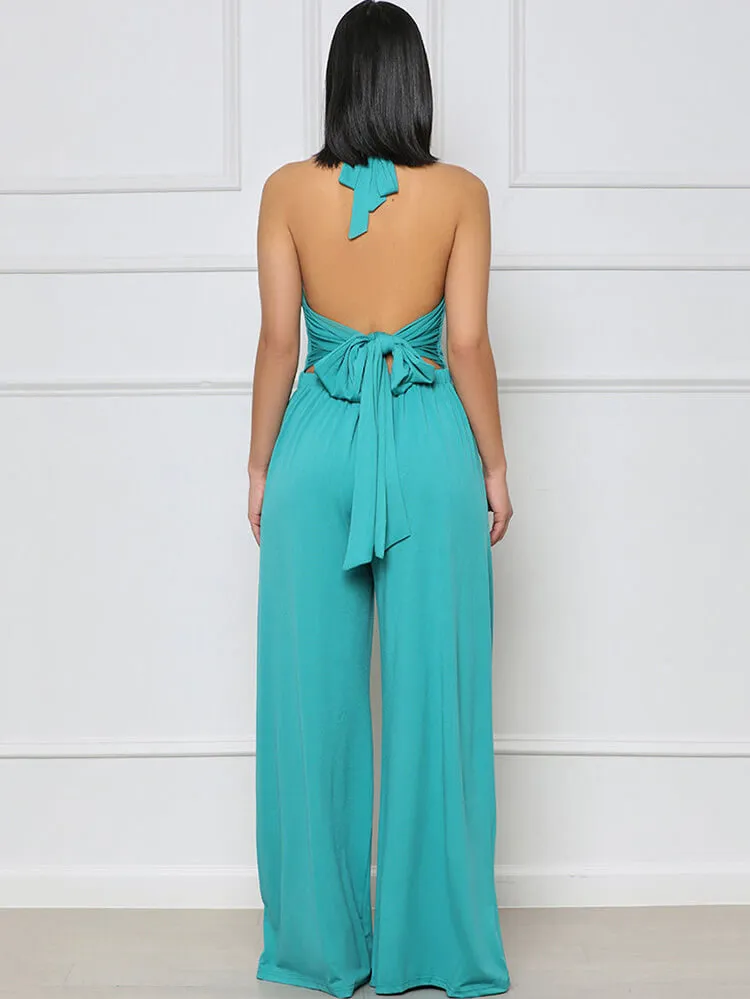 Halter Neck Backless Lace Up Wide Leg Jumpsuits