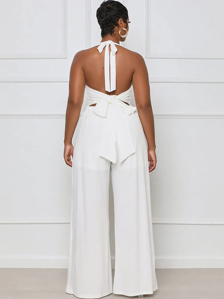 Halter Neck Backless Lace Up Wide Leg Jumpsuits