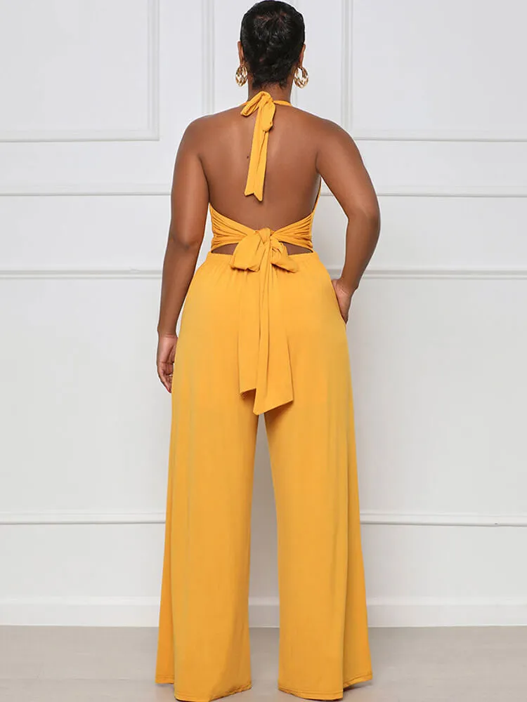 Halter Neck Backless Lace Up Wide Leg Jumpsuits