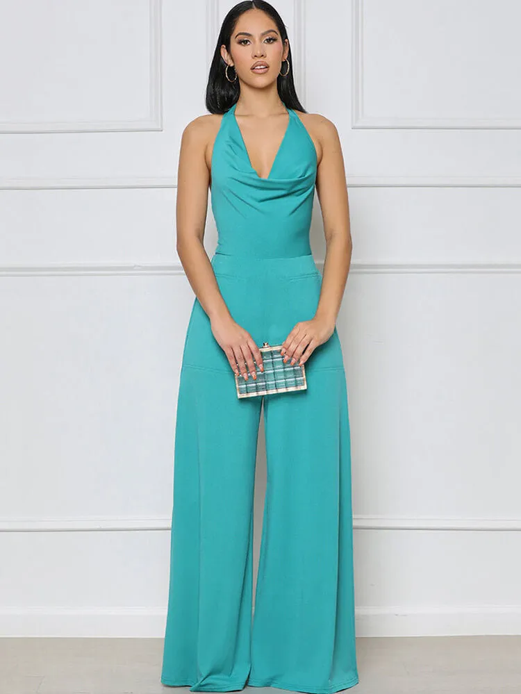 Halter Neck Backless Lace Up Wide Leg Jumpsuits