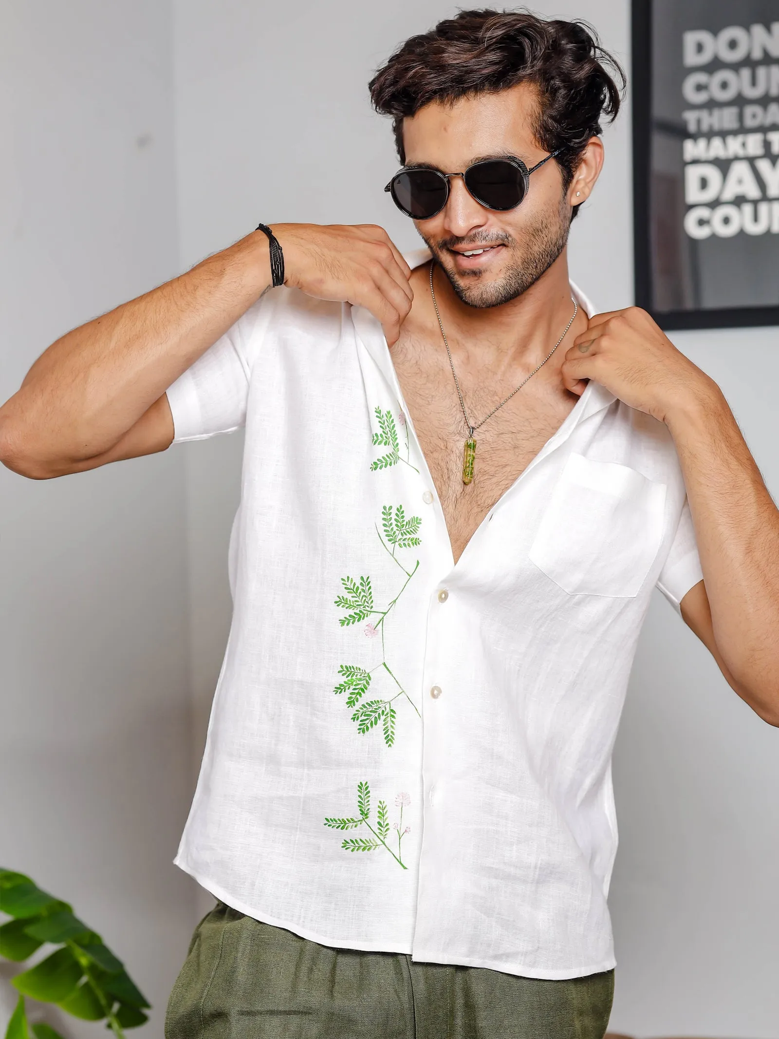 Hand-Painted Fern - Pure Linen Half Sleeve Shirt - White