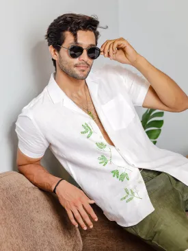 Hand-Painted Fern - Pure Linen Half Sleeve Shirt - White