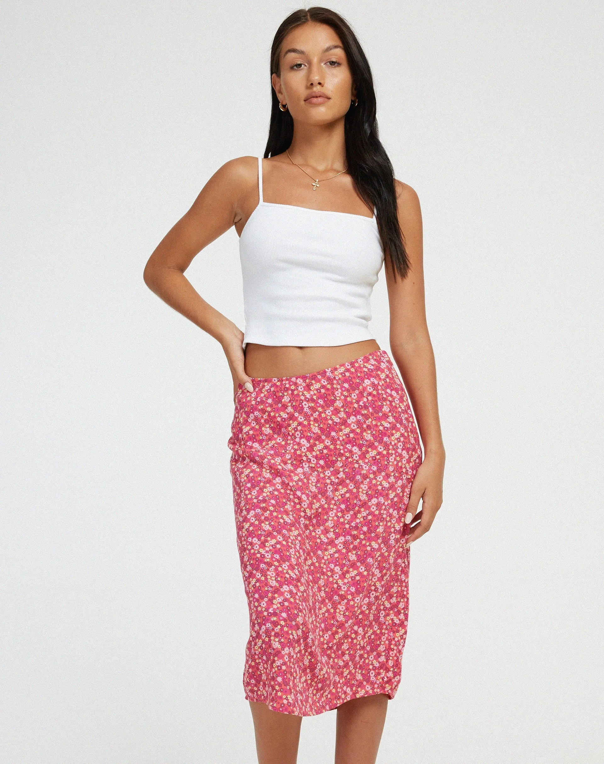 Harriet Midi Skirt in Ditsy Floral Pink