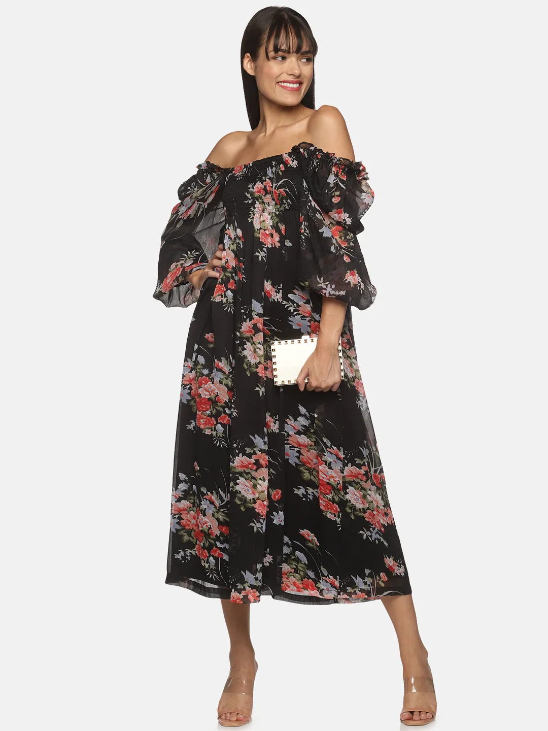 IS.U Black floral Balloon Sleeve Midaxi Dress in india