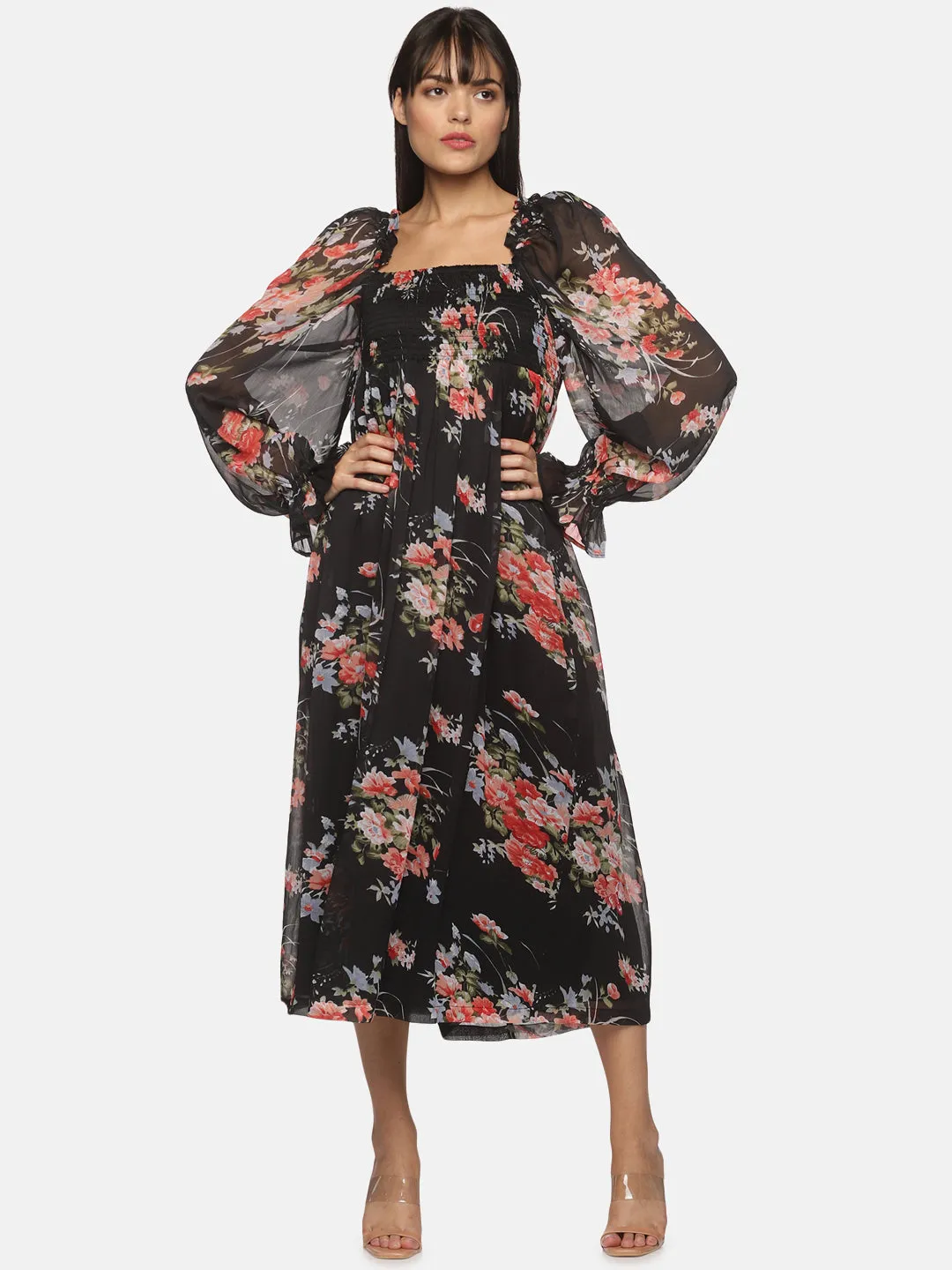 IS.U Black floral Balloon Sleeve Midaxi Dress in india