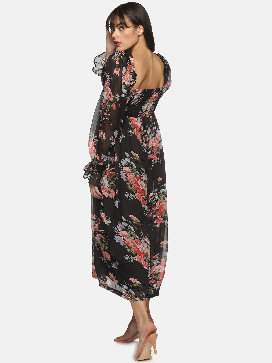 IS.U Black floral Balloon Sleeve Midaxi Dress in india