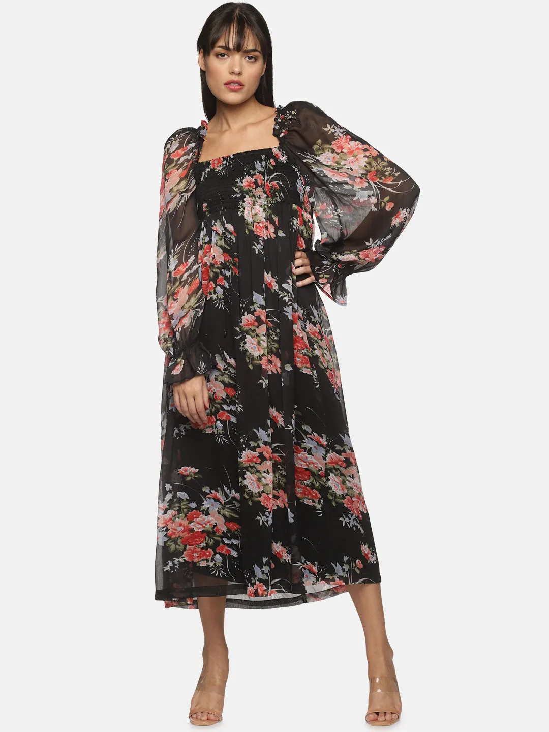 IS.U Black floral Balloon Sleeve Midaxi Dress in india