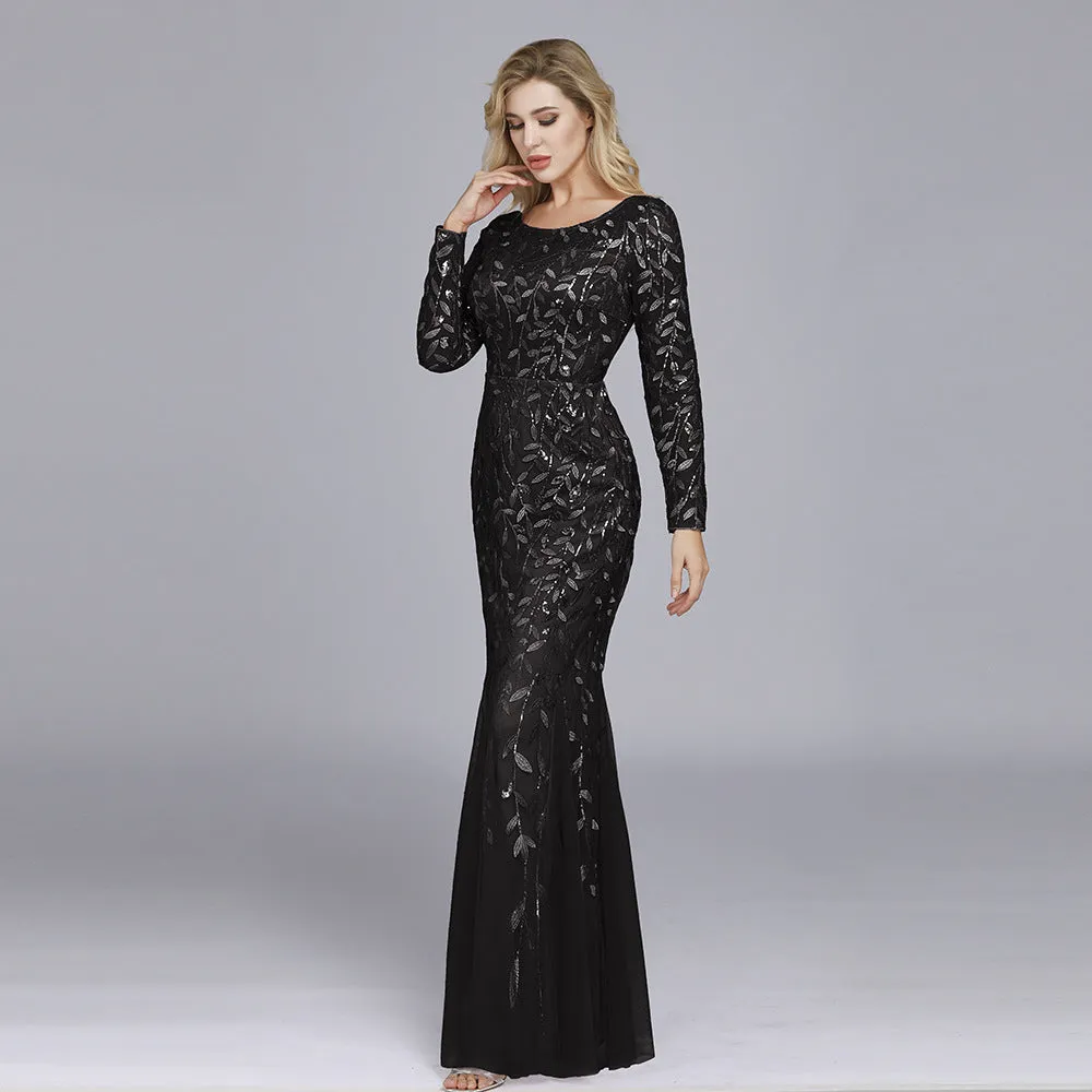 Jennifer Long Sleeves Elegant Sequin Evening Gown