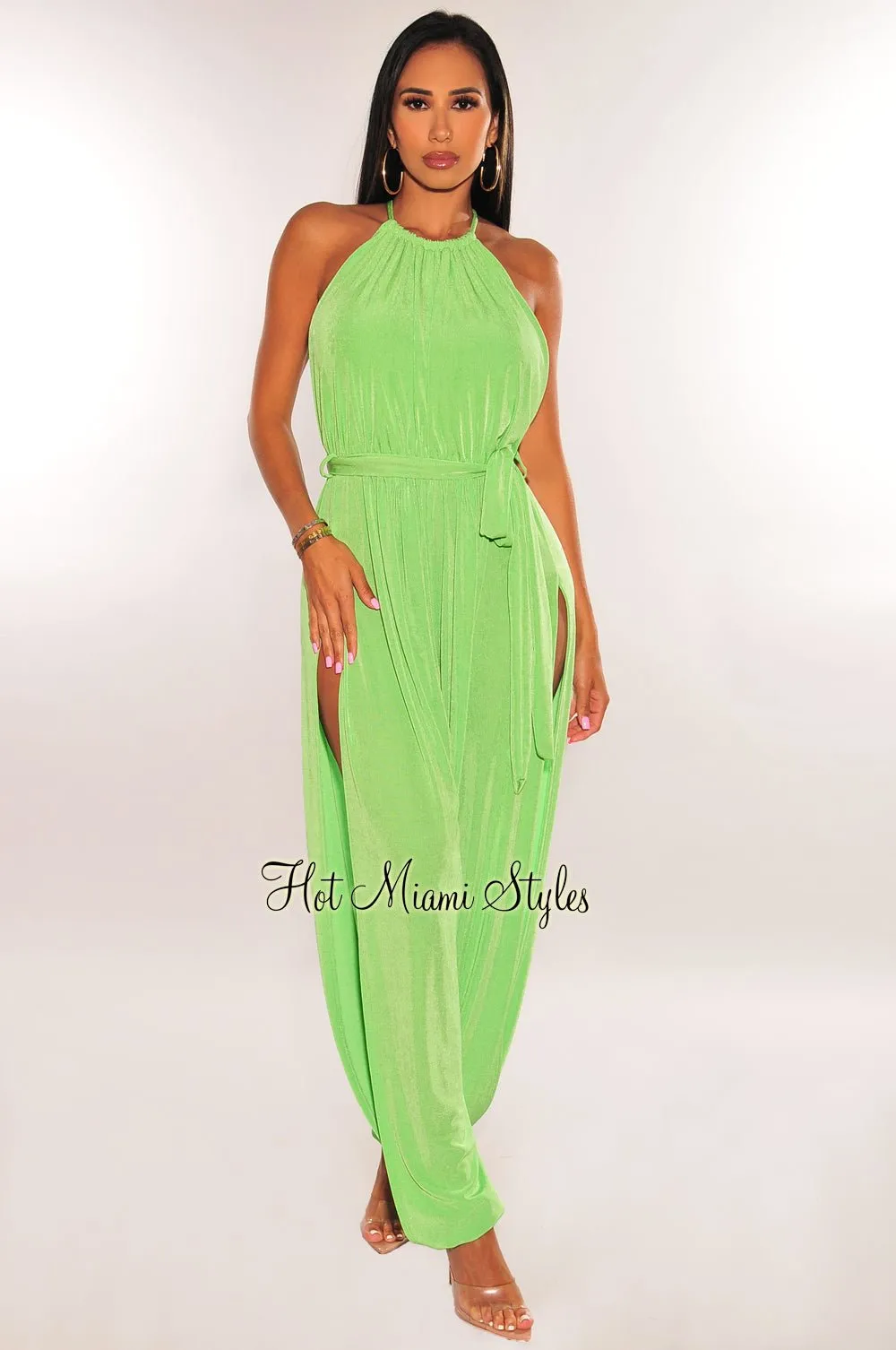 Kelly Green Slit Hem Belted Harem Jumpsuit