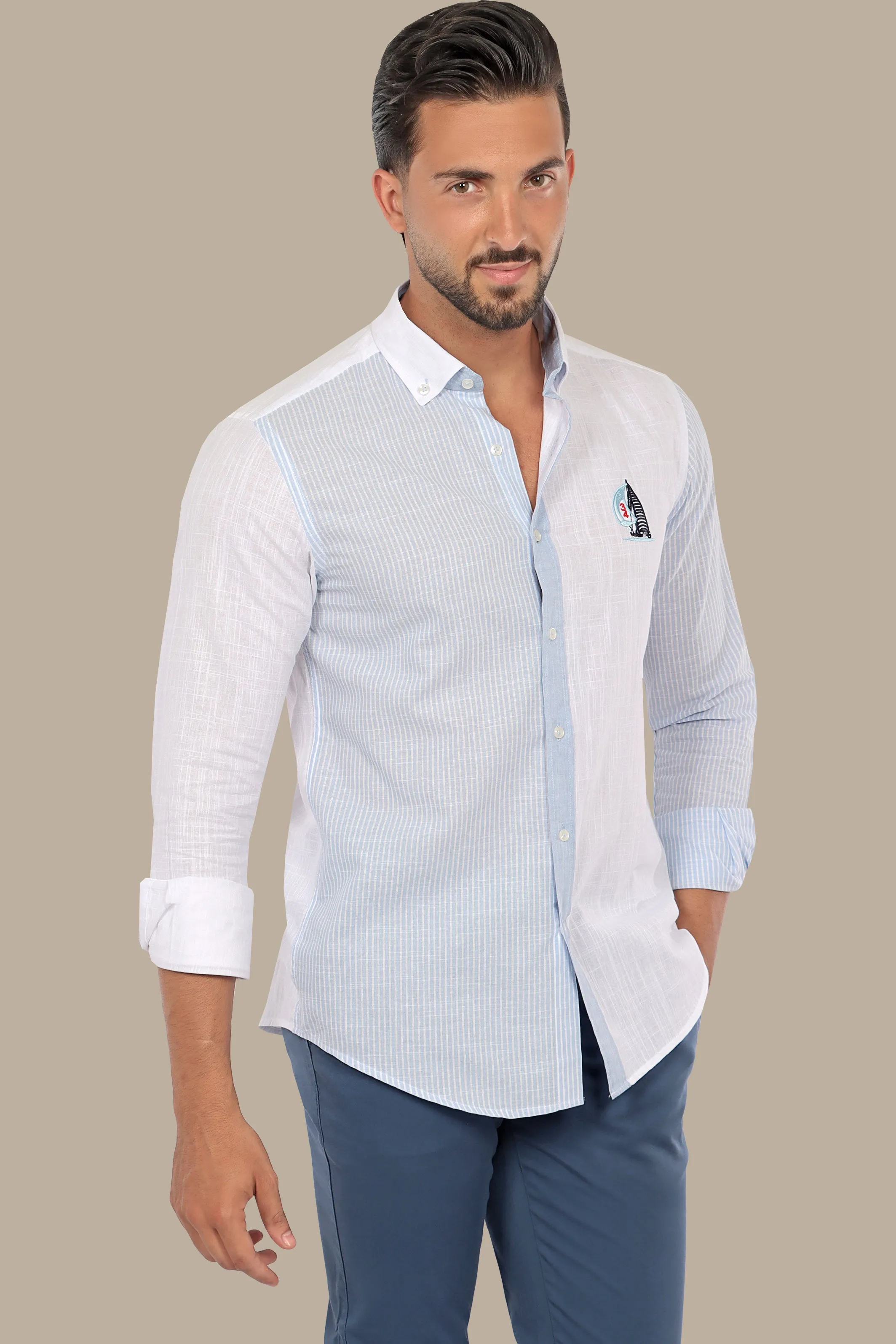 Linen Half Striped Shirt in Light Blue