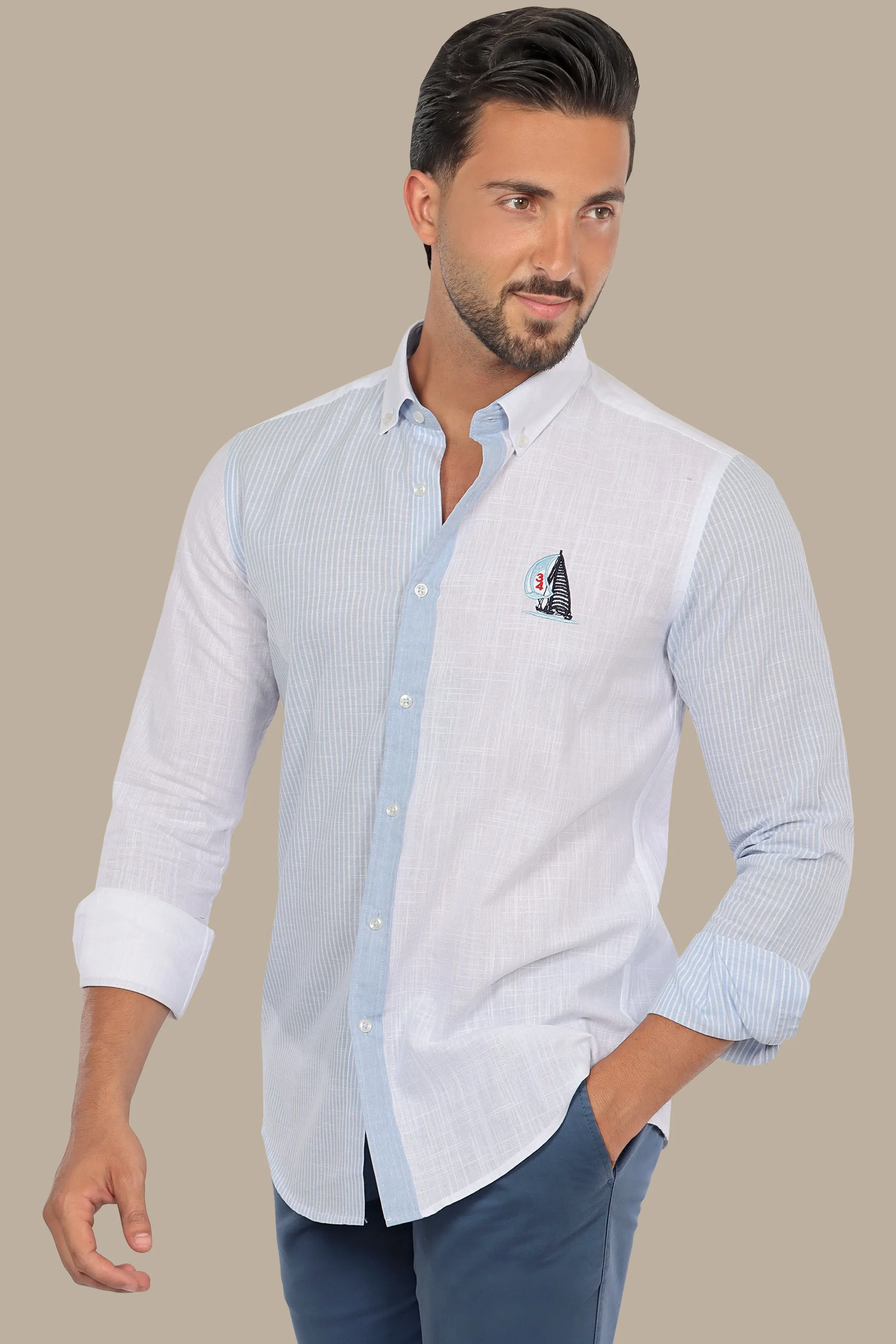 Linen Half Striped Shirt in Light Blue