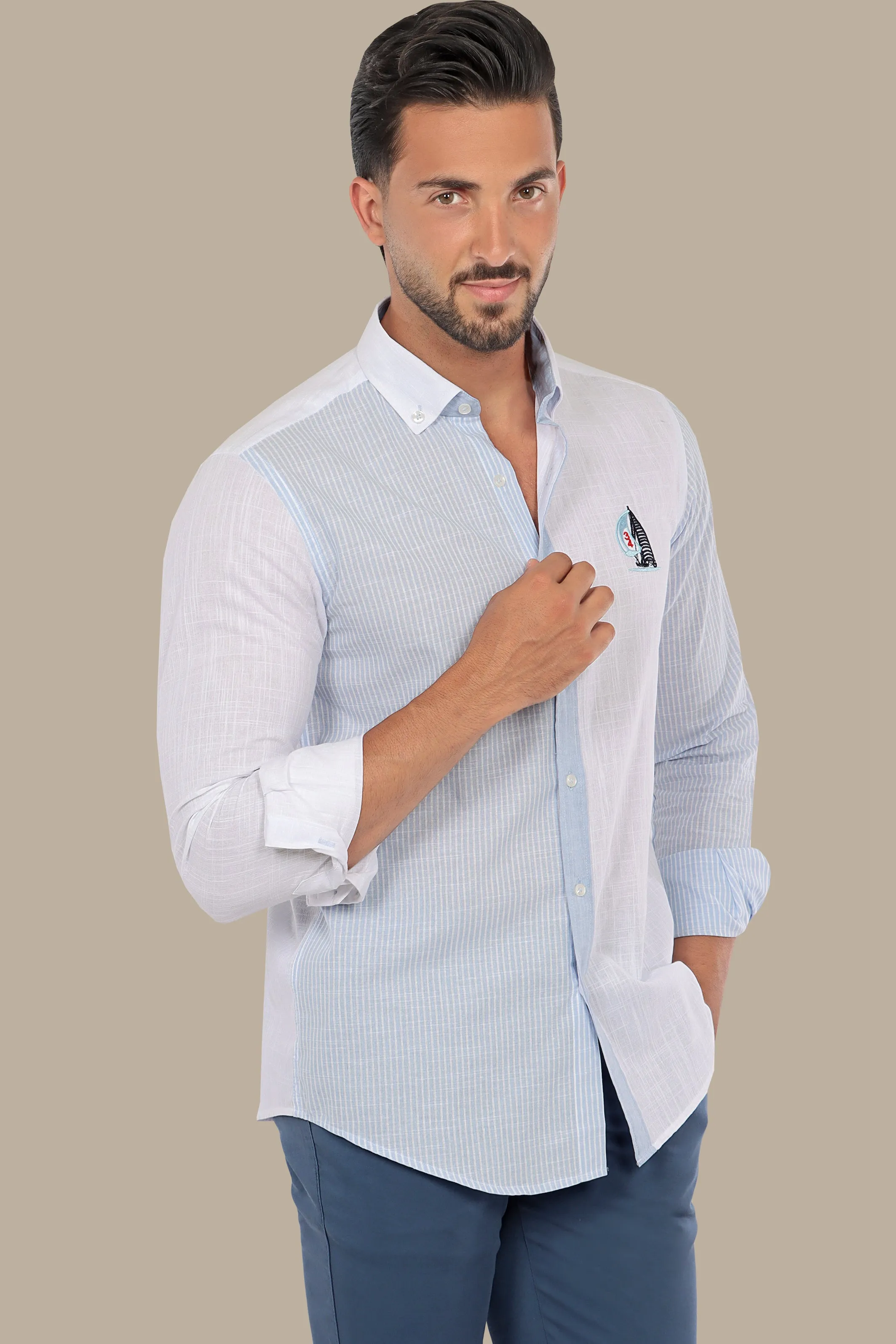 Linen Half Striped Shirt in Light Blue