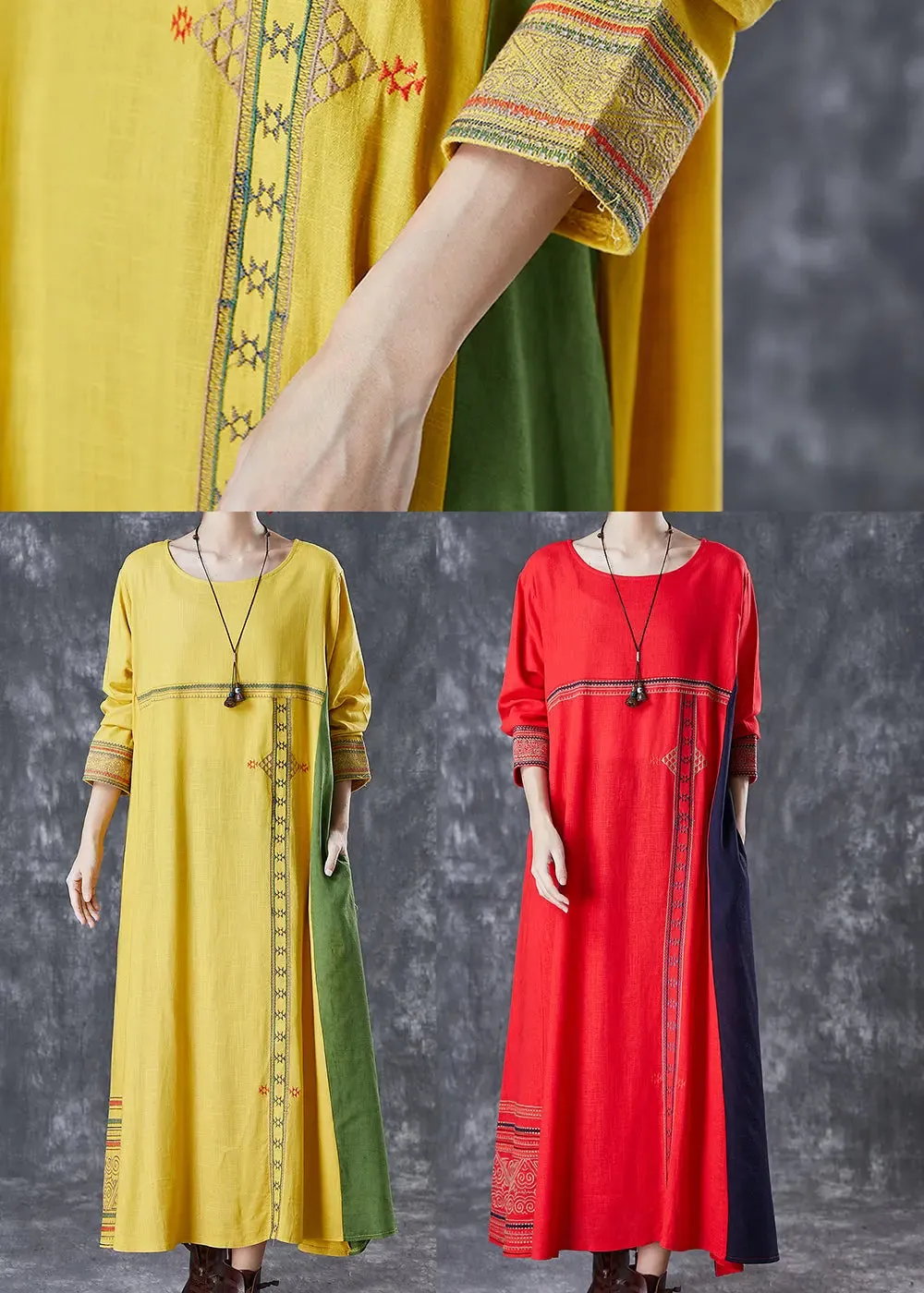 Linen Maxi Dresses Embroidered Spring