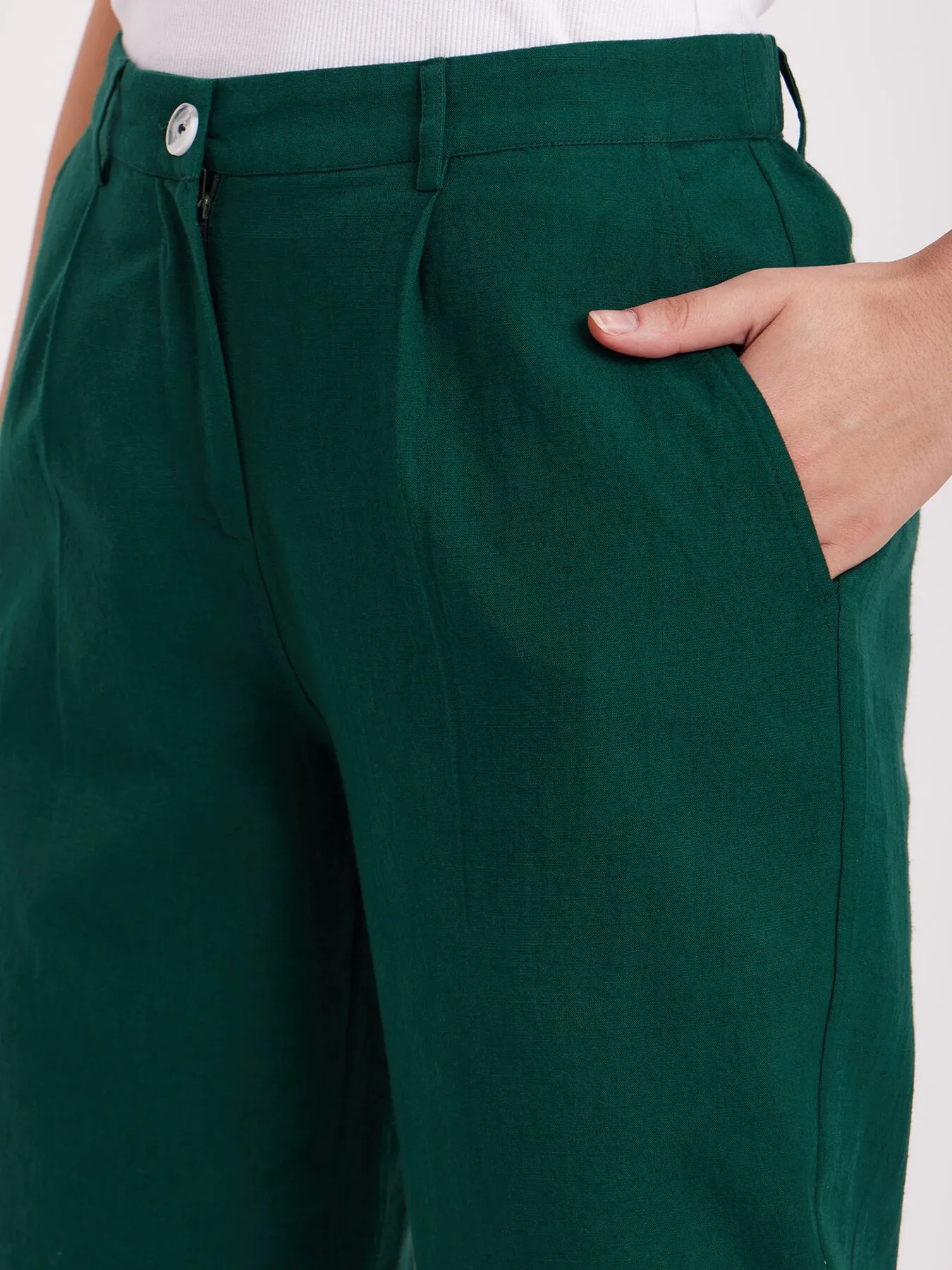 Linen Straight Fit Trousers - Emerald Green