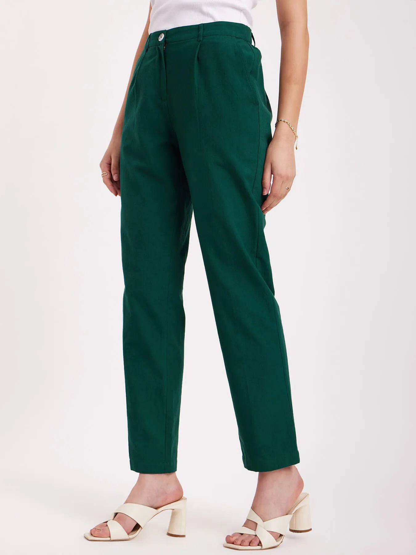 Linen Straight Fit Trousers - Emerald Green