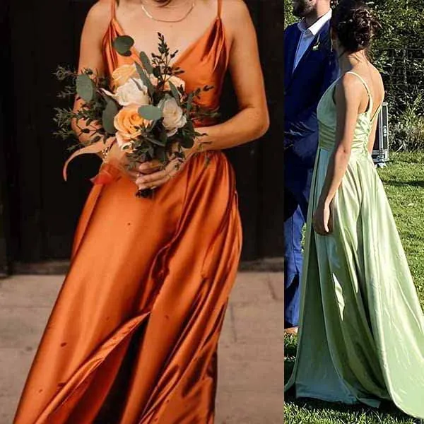 Long Bridesmaid Dresses for Women Formal Satin Spaghetti Strap Prom Evening Gowns