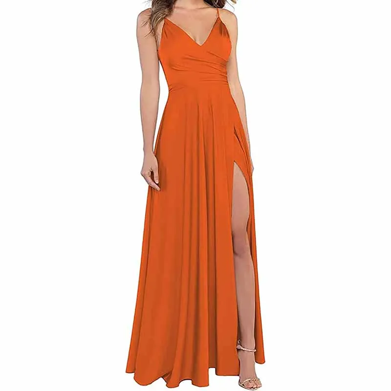 Long Bridesmaid Dresses for Women Formal Satin Spaghetti Strap Prom Evening Gowns