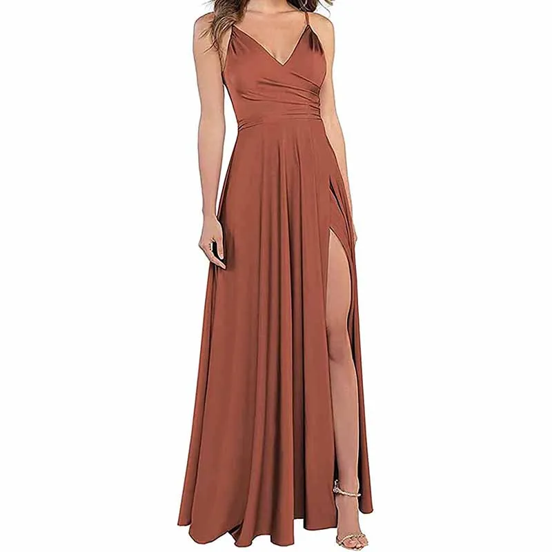 Long Bridesmaid Dresses for Women Formal Satin Spaghetti Strap Prom Evening Gowns