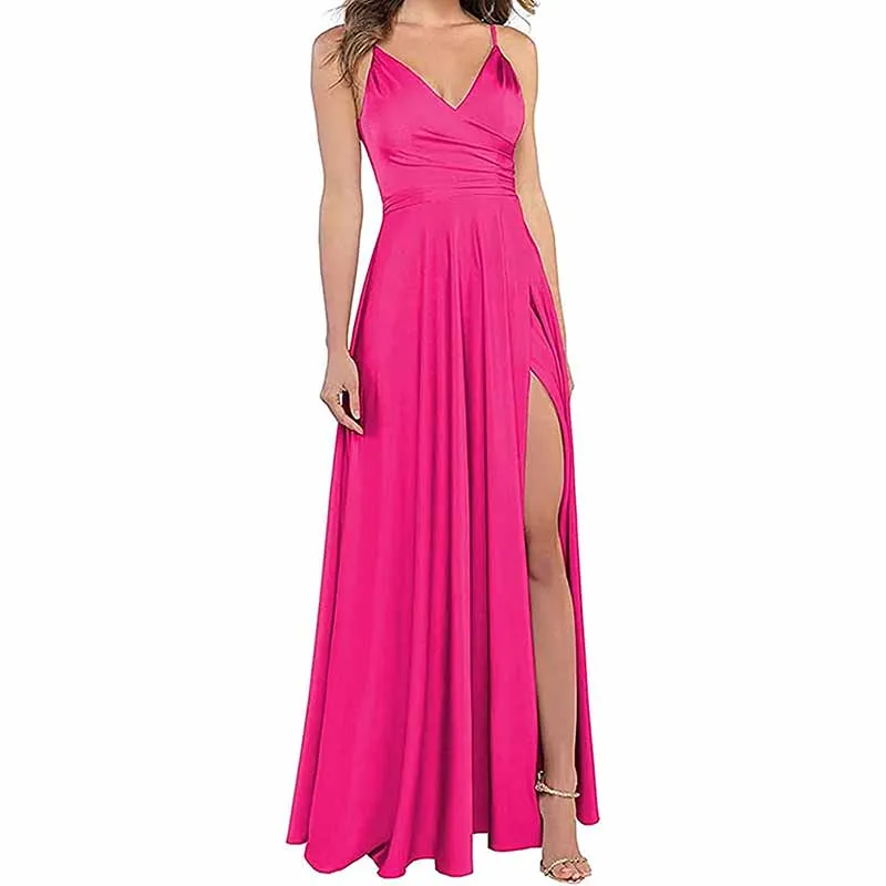 Long Bridesmaid Dresses for Women Formal Satin Spaghetti Strap Prom Evening Gowns