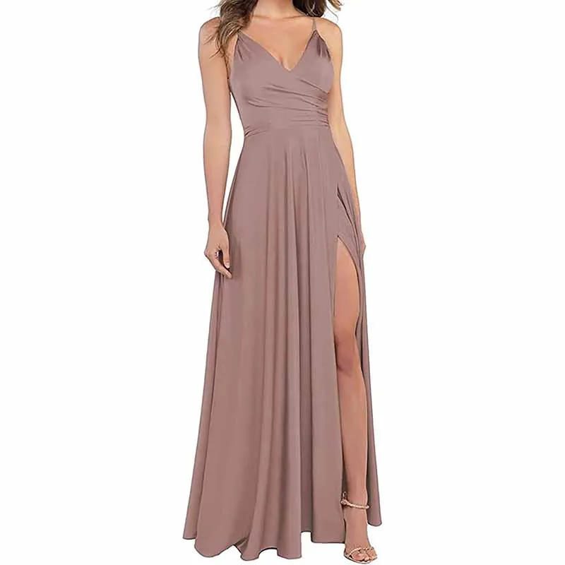 Long Bridesmaid Dresses for Women Formal Satin Spaghetti Strap Prom Evening Gowns