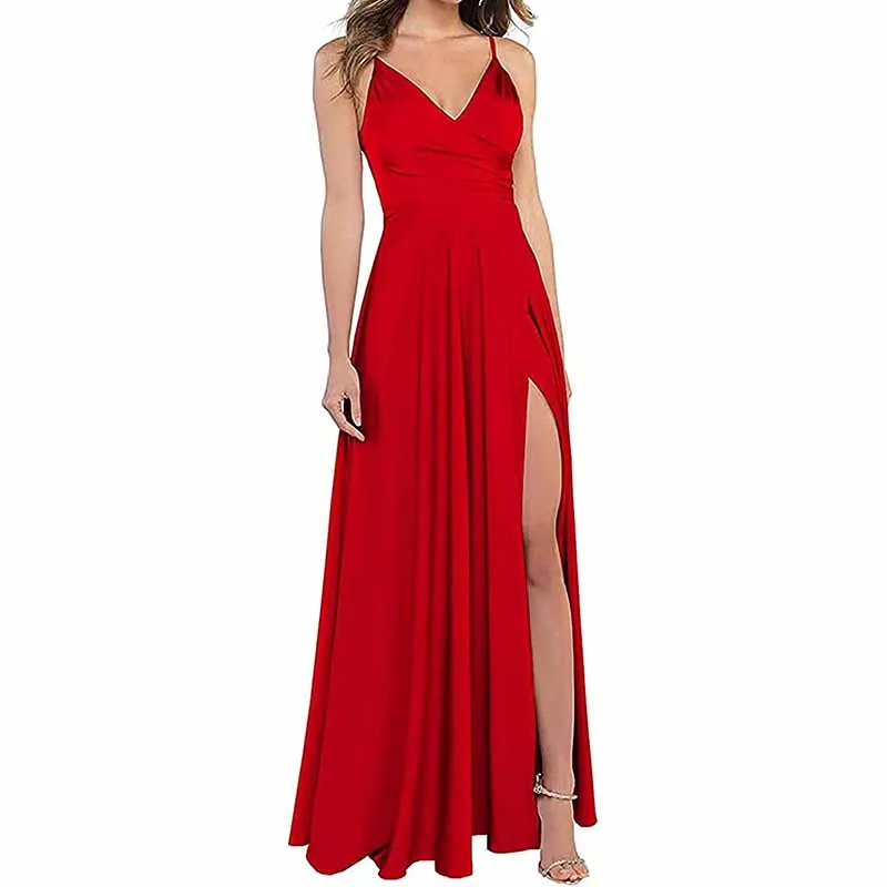 Long Bridesmaid Dresses for Women Formal Satin Spaghetti Strap Prom Evening Gowns