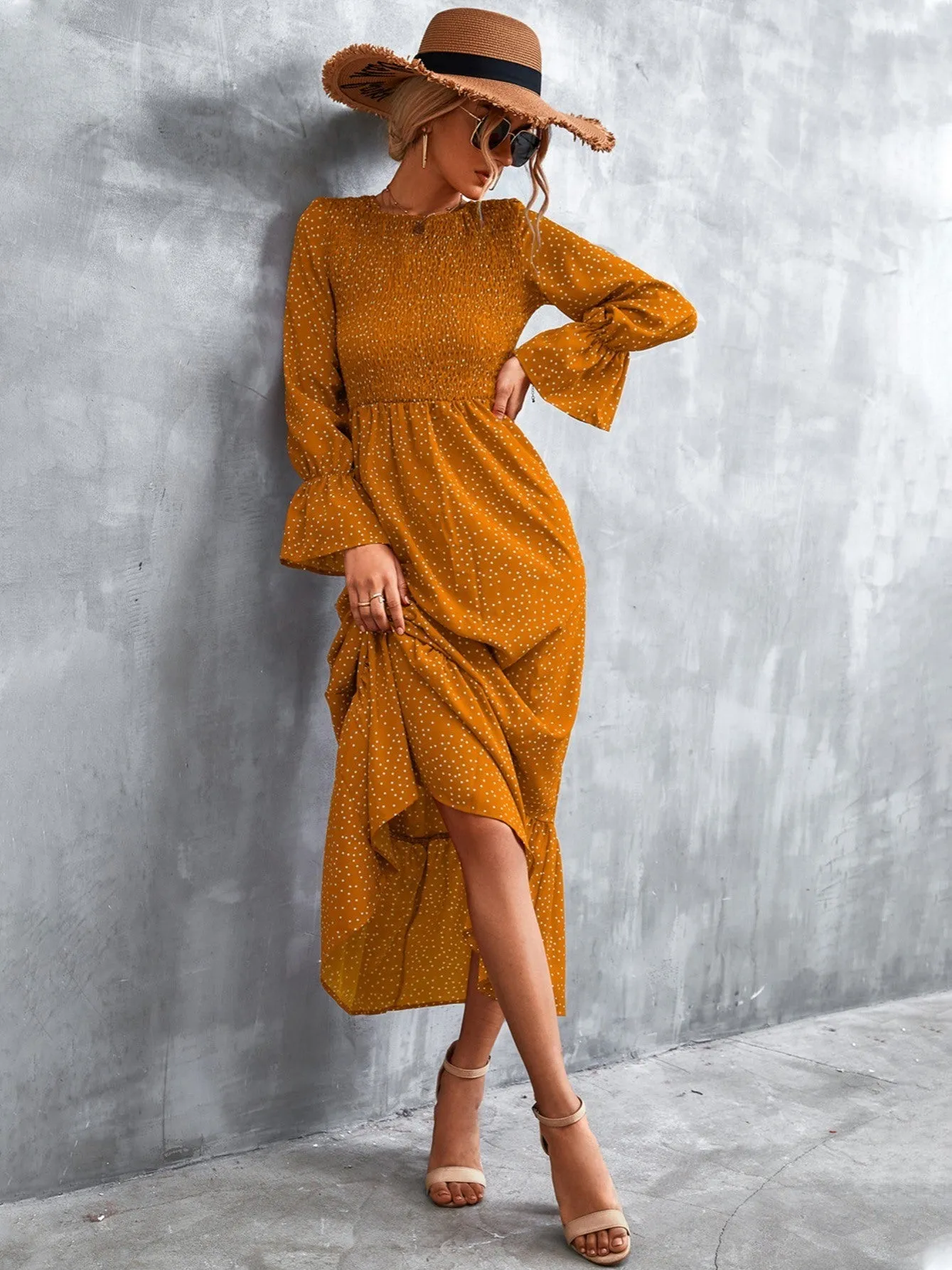 Long Sleeve Full Print Maxi Dress; Crew Neck Shirred Ruffle Sleeve Dress; Casual Dresses For Fall & Winter; Women's Dresses