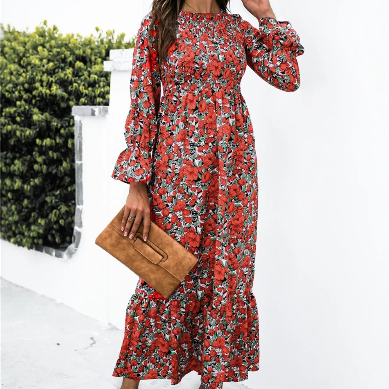 Long Sleeve Full Print Maxi Dress; Crew Neck Shirred Ruffle Sleeve Dress; Casual Dresses For Fall & Winter; Women's Dresses