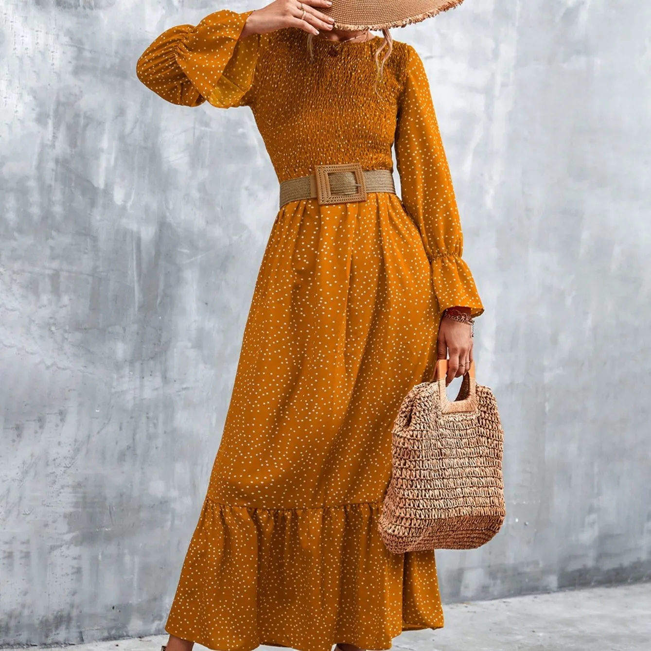 Long Sleeve Full Print Maxi Dress; Crew Neck Shirred Ruffle Sleeve Dress; Casual Dresses For Fall & Winter; Women's Dresses