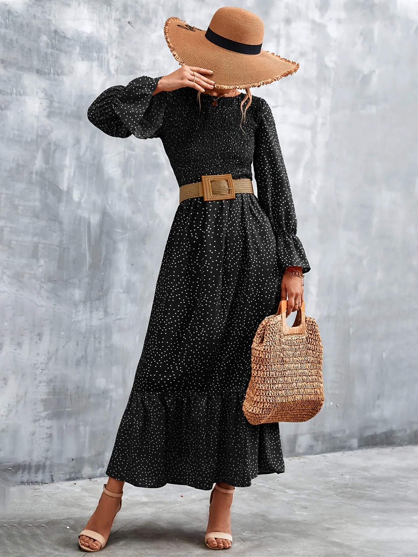 Long Sleeve Full Print Maxi Dress; Crew Neck Shirred Ruffle Sleeve Dress; Casual Dresses For Fall & Winter; Women's Dresses