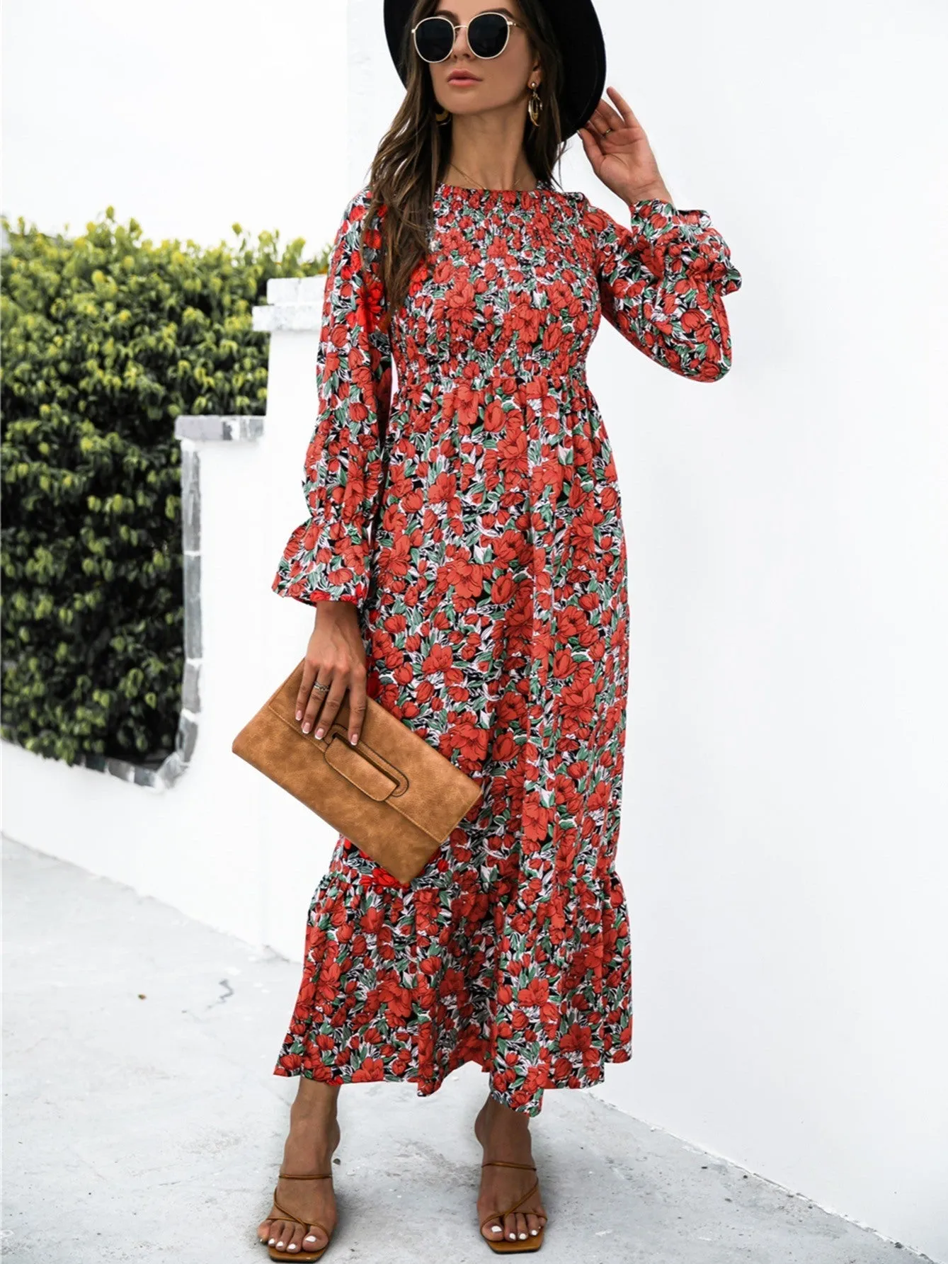 Long Sleeve Full Print Maxi Dress; Crew Neck Shirred Ruffle Sleeve Dress; Casual Dresses For Fall & Winter; Women's Dresses