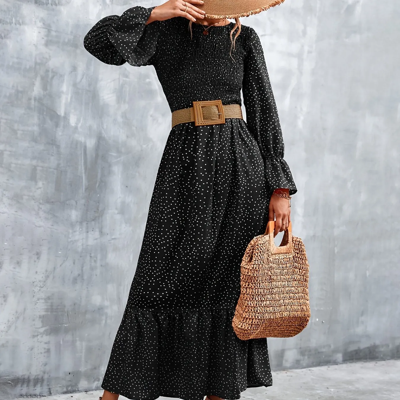 Long Sleeve Full Print Maxi Dress; Crew Neck Shirred Ruffle Sleeve Dress; Casual Dresses For Fall & Winter; Women's Dresses