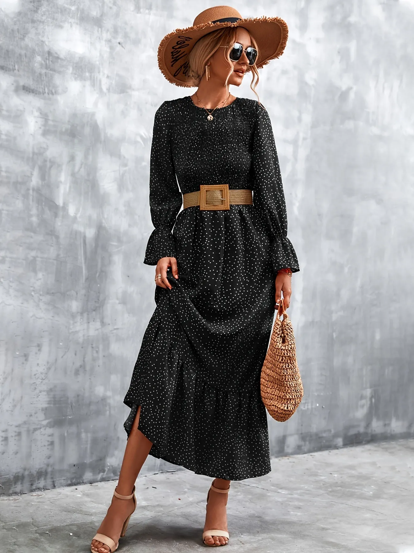 Long Sleeve Full Print Maxi Dress; Crew Neck Shirred Ruffle Sleeve Dress; Casual Dresses For Fall & Winter; Women's Dresses