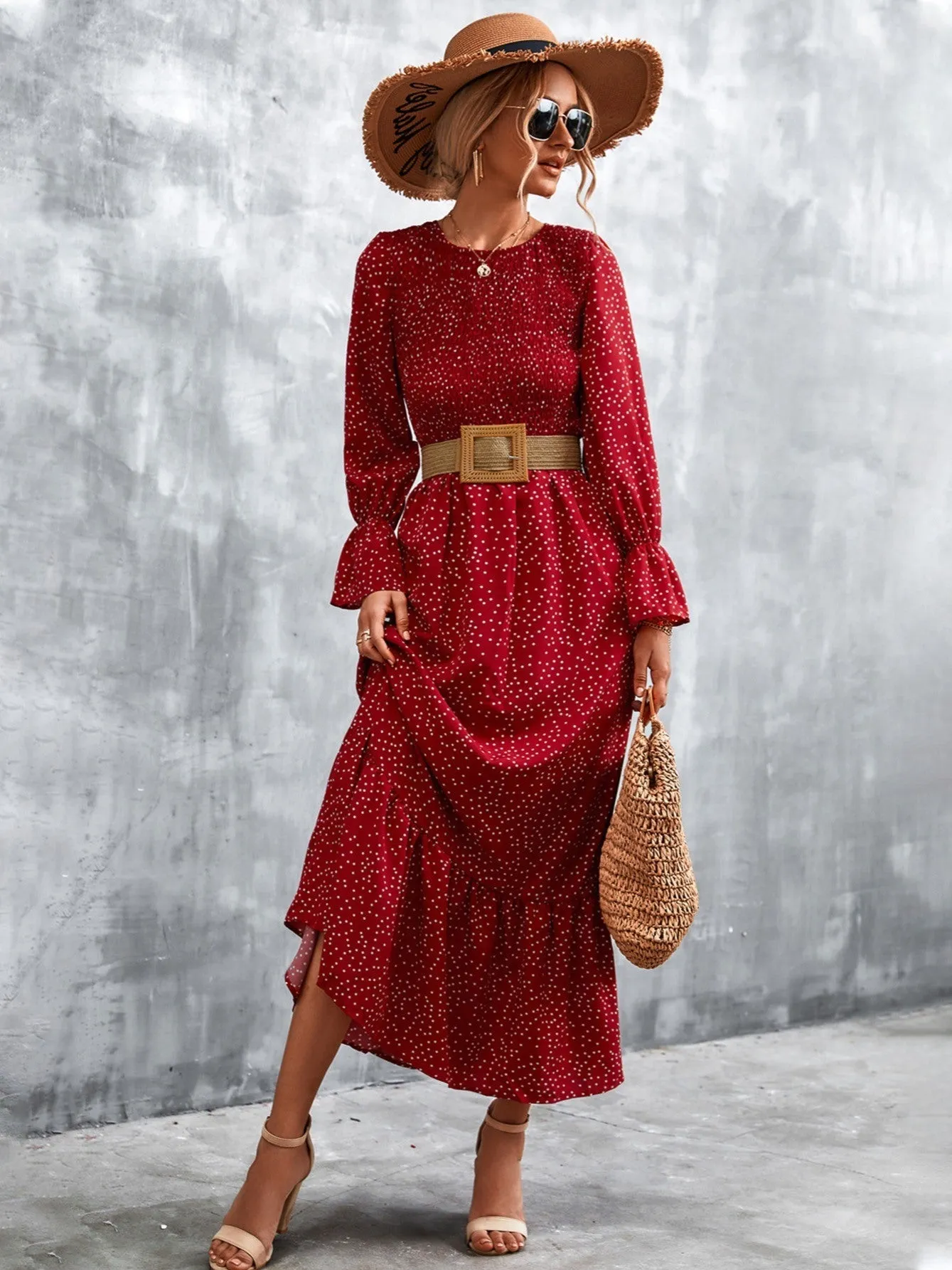 Long Sleeve Full Print Maxi Dress; Crew Neck Shirred Ruffle Sleeve Dress; Casual Dresses For Fall & Winter; Women's Dresses