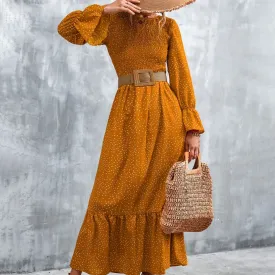 Long Sleeve Full Print Maxi Dress; Crew Neck Shirred Ruffle Sleeve Dress; Casual Dresses For Fall & Winter; Women's Dresses