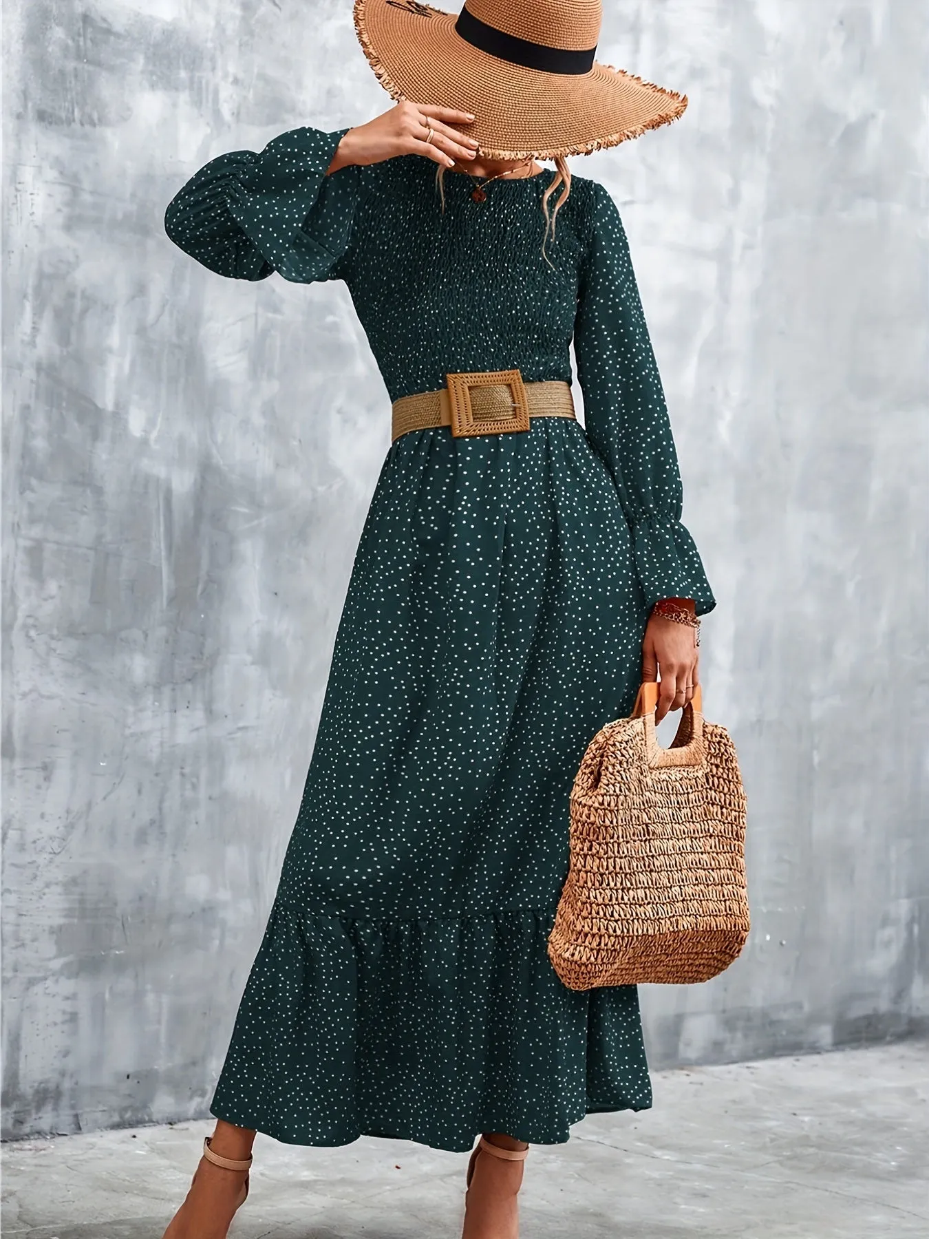 Long Sleeve Full Print Maxi Dress; Crew Neck Shirred Ruffle Sleeve Dress; Casual Dresses For Fall & Winter; Women's Dresses