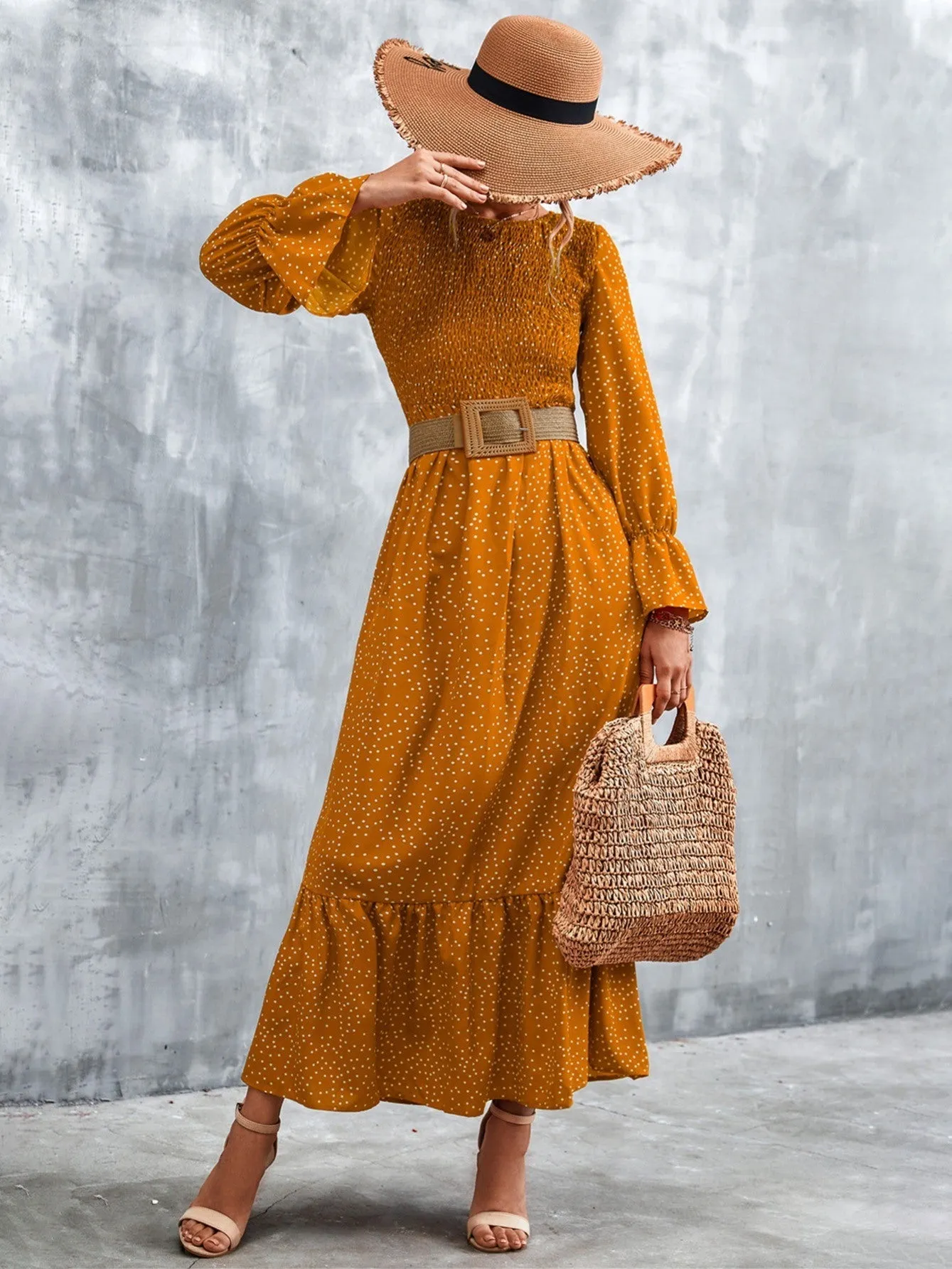 Long Sleeve Full Print Maxi Dress; Crew Neck Shirred Ruffle Sleeve Dress; Casual Dresses For Fall & Winter; Women's Dresses