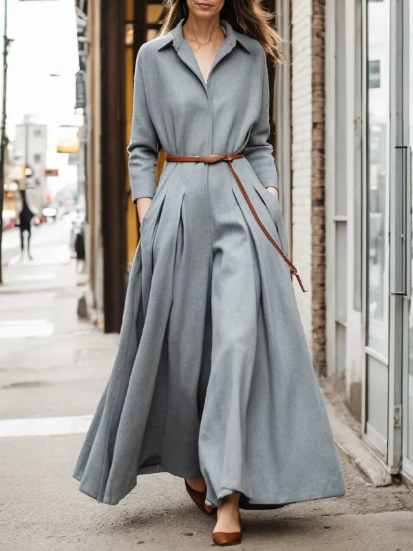 Long Sleeves Wide Leg Pleated Lapel Jumpsuits