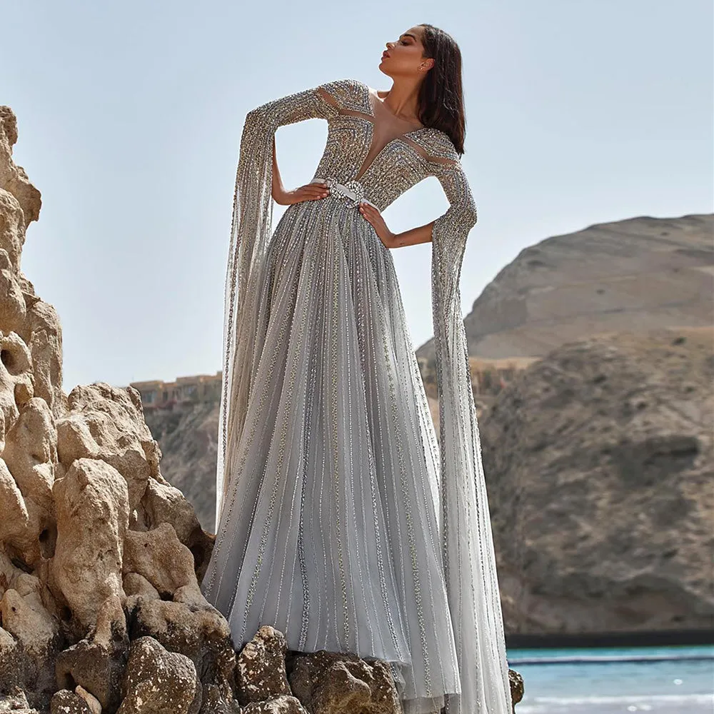 Luxury Silver Evening Dress with Cape Sleeves SS068