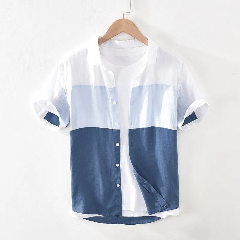 Men High Quality 100% Linen Fabric Gradient Patchwork Short Sleeve Casual Slim Shirt