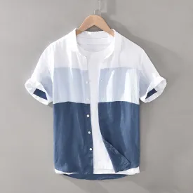 Men High Quality 100% Linen Fabric Gradient Patchwork Short Sleeve Casual Slim Shirt