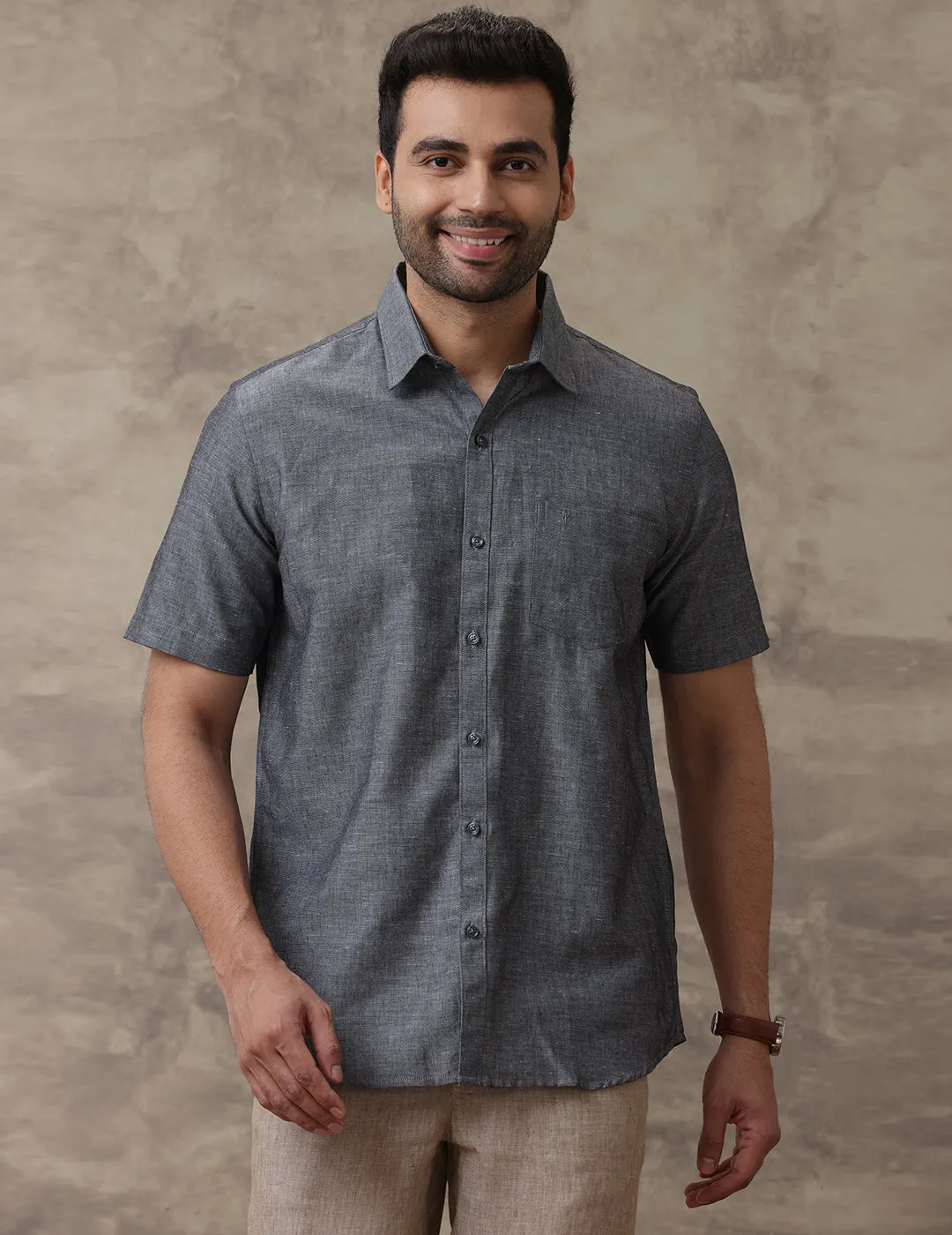 Men Linen Cotton Shirt Grey LF7