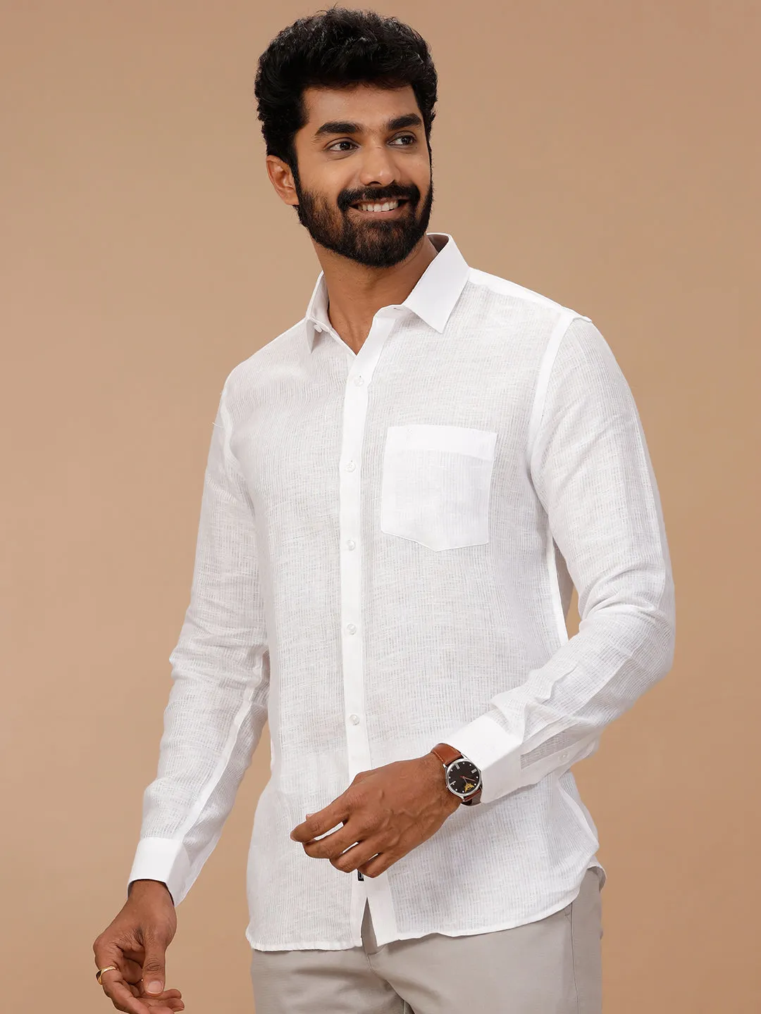 Men Pure Linen Self Design White Shirt 1538JF