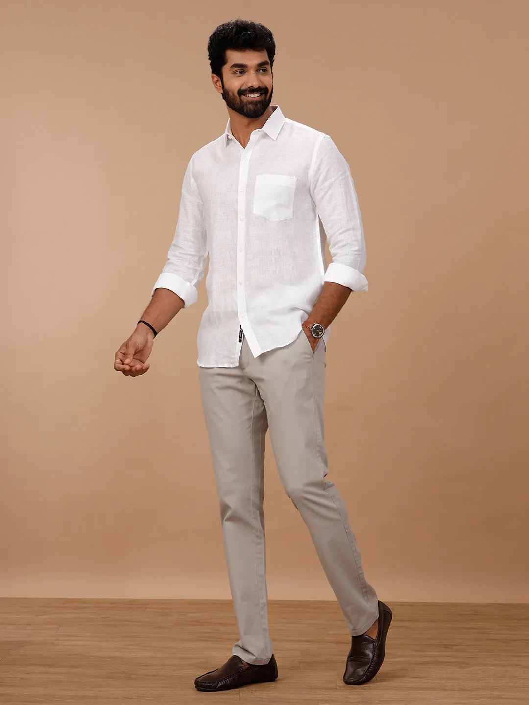 Men Pure Linen Self Design White Shirt 1538JF