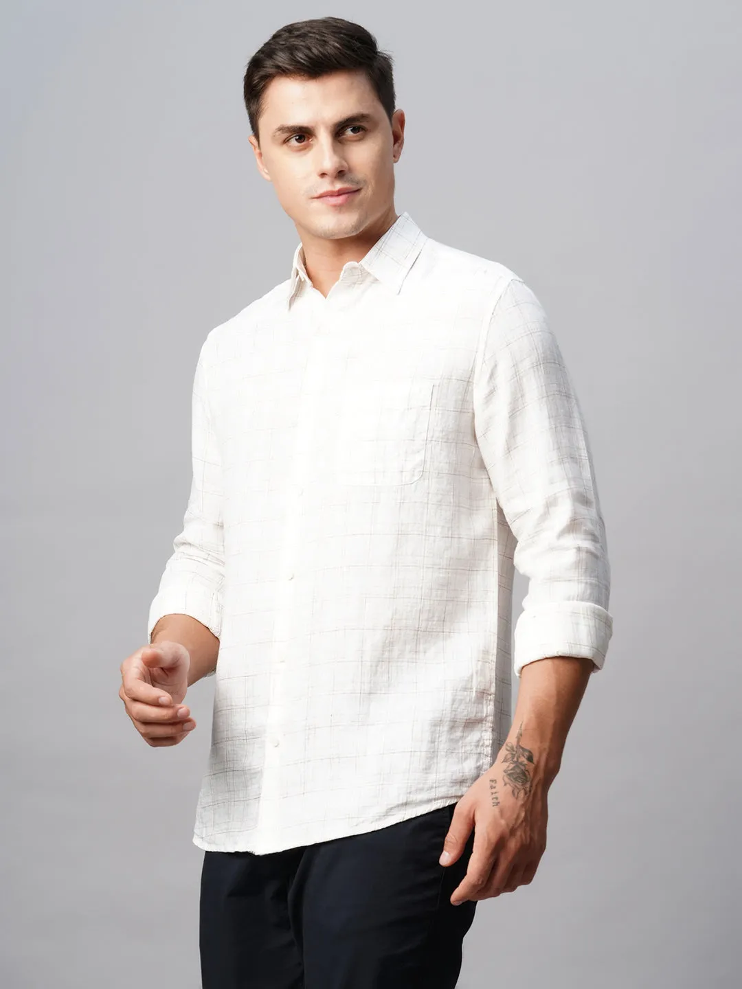 Men's 100% Linen White Regular Fit Long Sleeved Checked Shirt